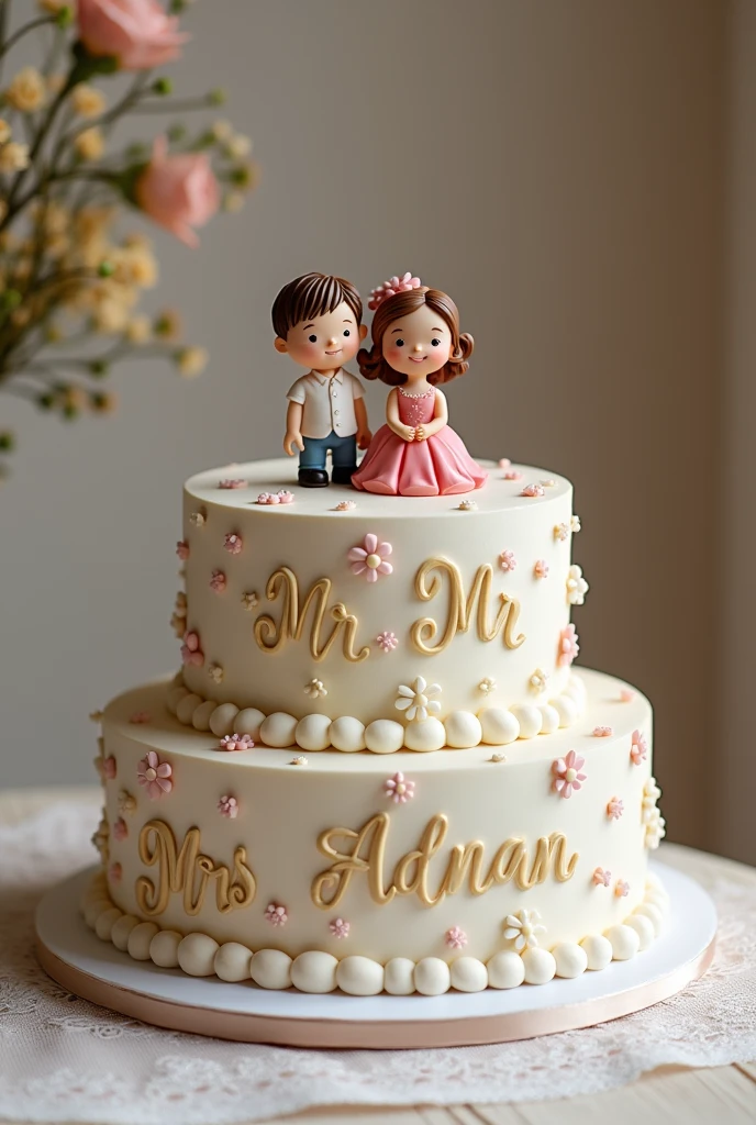 Anniversary cake for Mr& Mrs adnan name write on it and boy and girl sticks on the top
Spelling correction of Adnan