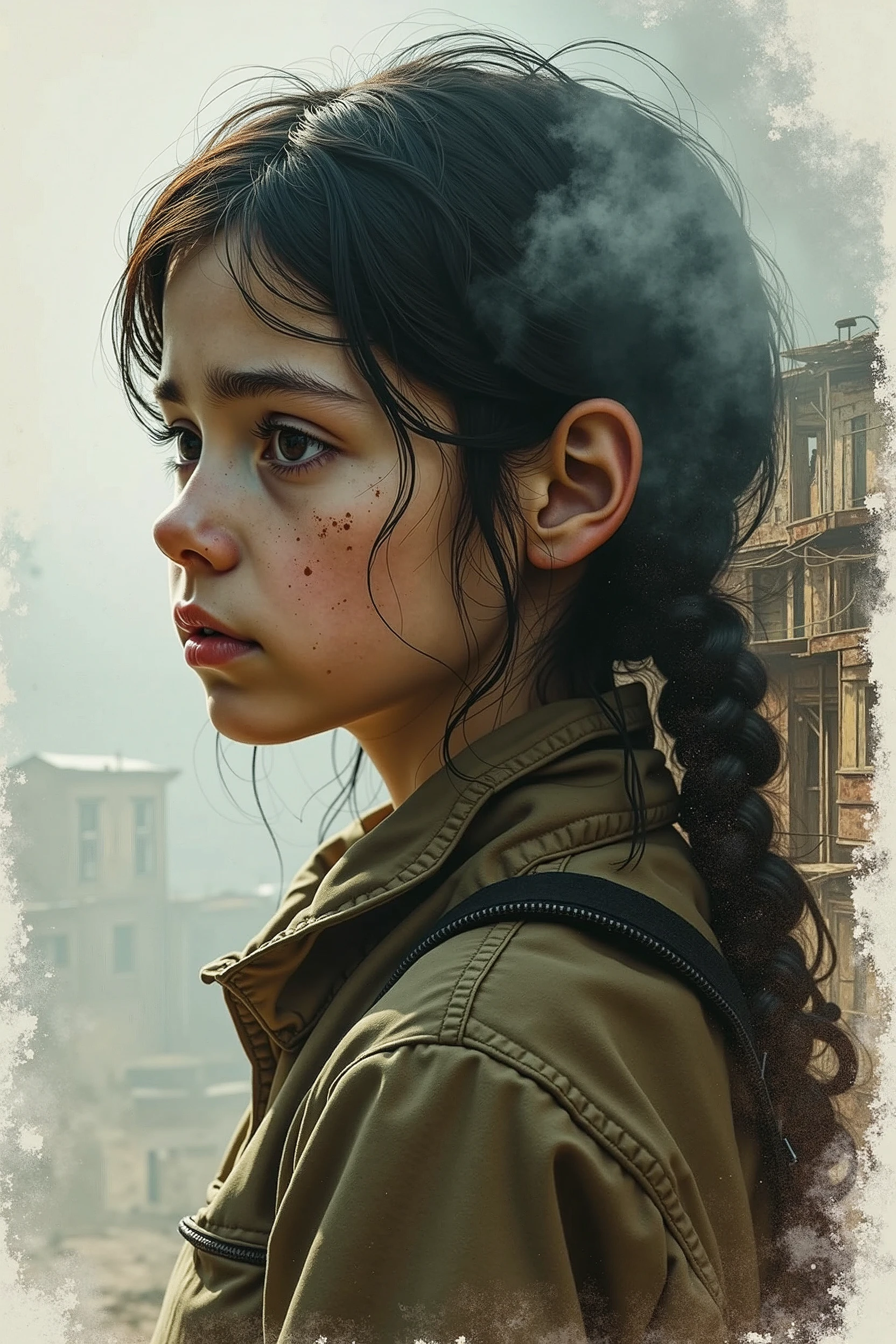 Highly detailed oil painting of a desolate and weary girl with worn out facial features, in the style of Bill Carman, Richard Burlet, Brian M. Viveros, Cyril Rolando, featuring double exposure with an old and poor town, dehazed, sharp focus, HDR, highly detailed texture and patterns, alcohol ink splatters, luminism, faded and muted triadic colors, perfect curved line composition, divine proportions, cinematic, 32k, volumetric lighting, shadow and light, watercolor, trending on artstation, sharp focus, studio photo, intricate details, highly detailed, by Greg Rutkowski