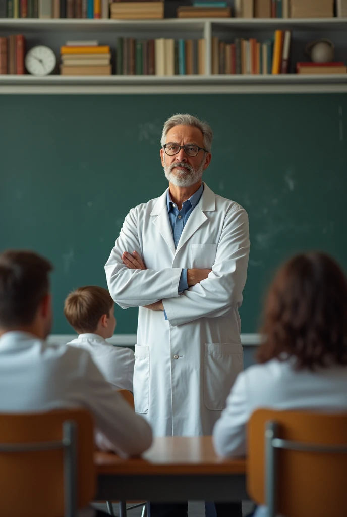 male teacher in white coat in classroom starting his class