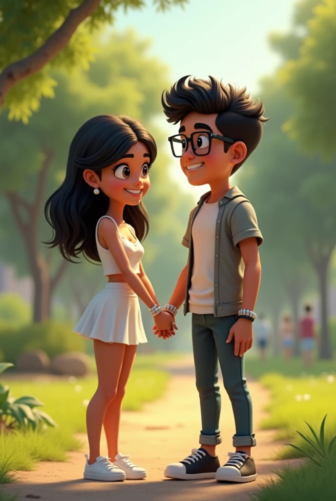 An animated Latin couple where the boy is taller than the girl, has very short curly hair, wear square glasses, He is dressed casually and has a grey and black bracelet. The girl is smaller, has hair below the shoulders, with black hair, She wears a short white dress. And the girl has a white and grey bracelet that matches the boy's.. Let it be full body and a park in the background