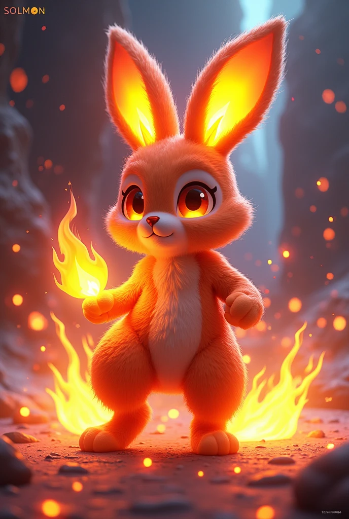 Create a 3D stylized design for 'Inferno,' a rabbit-like creature with fire elemental powers. The art style should mirror the modern, vibrant aesthetic of the SOLMON logo, with a focus on detailed fur texture and glowing, fiery features. Inferno should be depicted in a quick, action-ready pose, with flames seamlessly integrated into its design. The background should feature minimalistic digital sparks and cosmic elements that align with the fire element, creating a visually striking and dynamic composition.