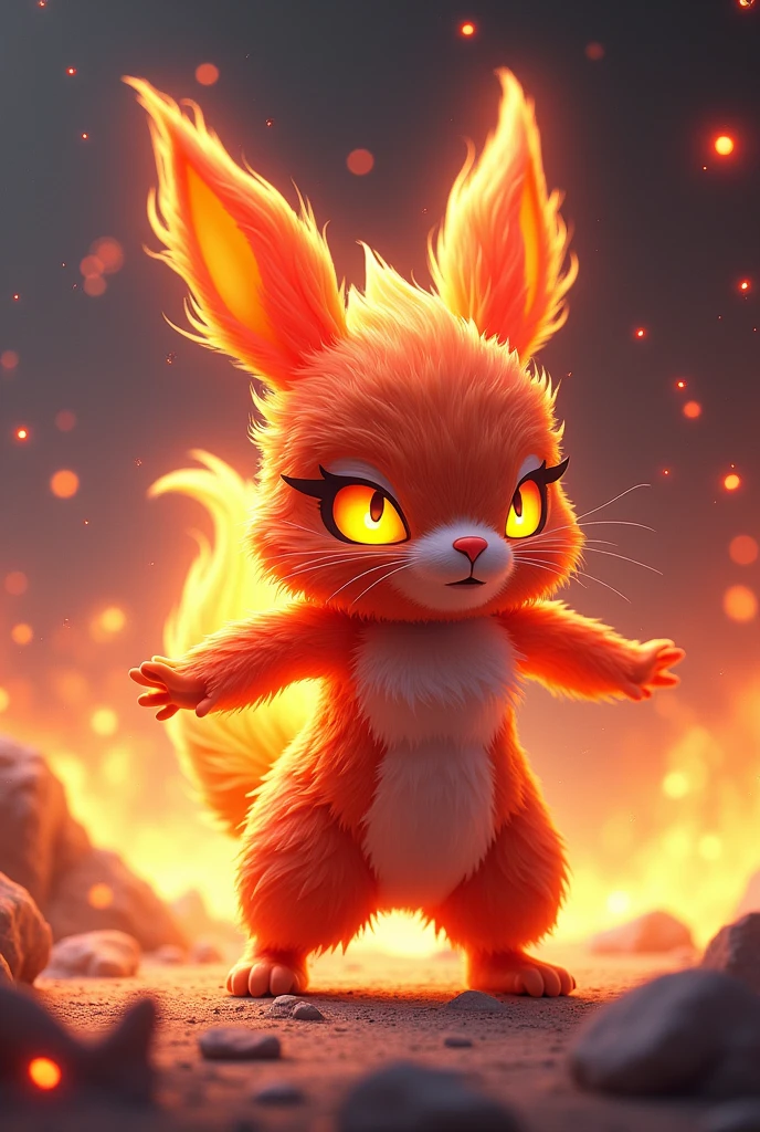 Create a 3D stylized design for 'Inferno,' a rabbit-like creature with fire elemental powers. The art style should mirror the modern, vibrant aesthetic of the SOLMON logo, with a focus on detailed fur texture and glowing, fiery features. Inferno should be depicted in a quick, action-ready pose, with flames seamlessly integrated into its design. The background should feature minimalistic digital sparks and cosmic elements that align with the fire element, creating a visually striking and dynamic composition.