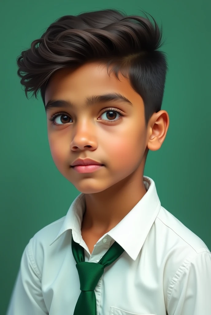 an indian boy about 18 years old, smart hairstyle, white school shirt, green tie, green school shirt