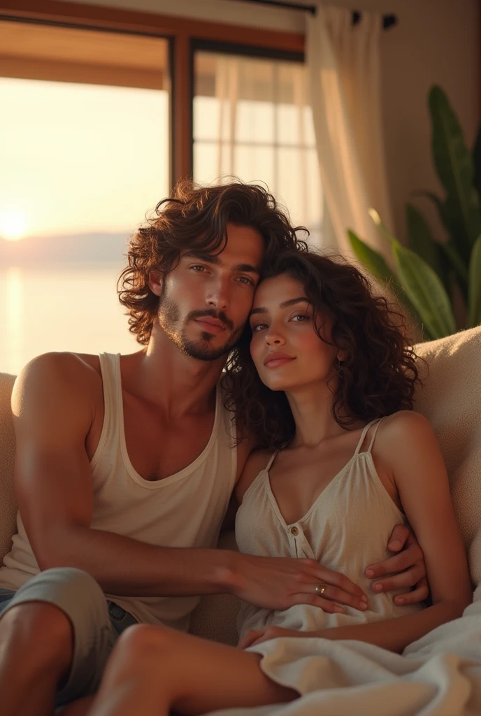 A young couple in a beach house, the man is the youngest, has only a discreet mustache and goatee, your hair is wavy almost curly, the woman is white and small, She has curly hair that doesn't go past her shoulders