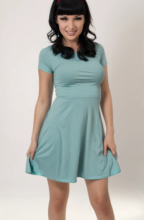 1 girl, mature woman: 0.9, smile, updo, beautiful hair, black hair, dress, short sleeves, full body, (white background),