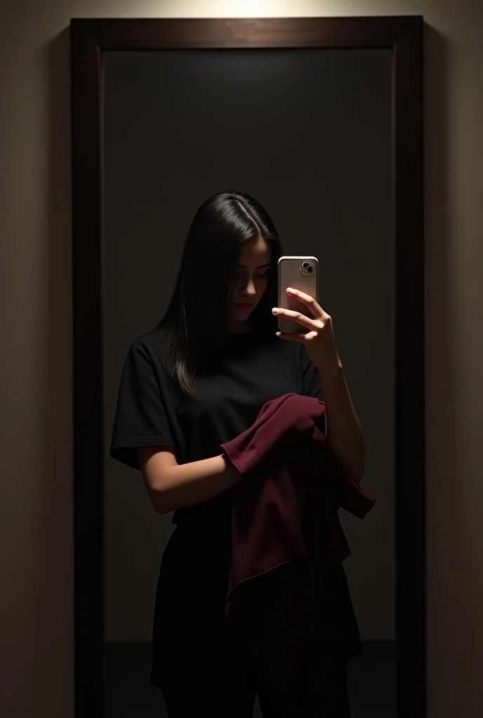 (photorealism:1.2), indian teen girl, taking mirror selfie with iphone, brown body, long straight hair, plain black wardrobe covers the background, sides of mirror hidden, dark room, mild spotlight from above, topless, hair hides nipples, crumbled maroon tshirt on one hand, front shot, full body shot, face hidden, eyes hidden, standing confidently