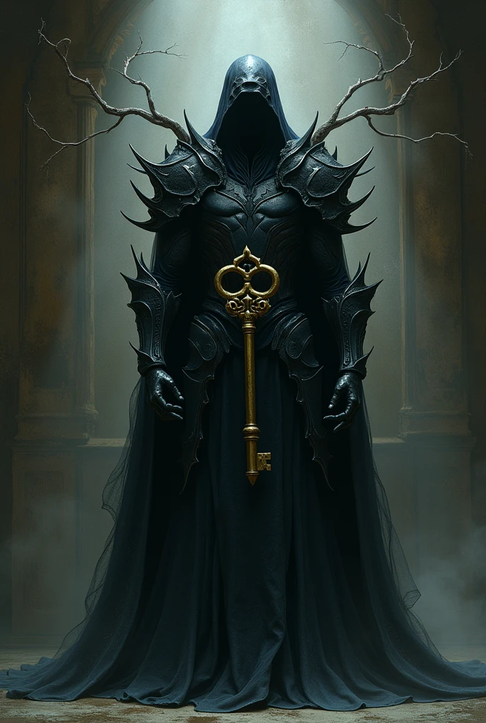 evil dark spirit in dark and powerful armor in a dark room, protecting a golden key hanging on the wall