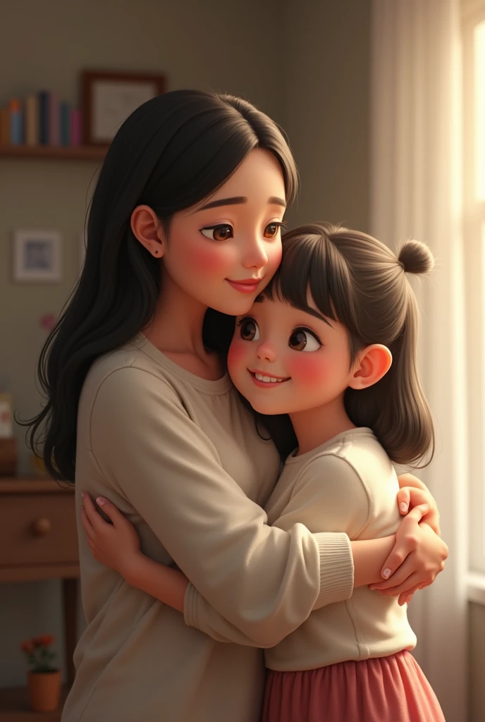 This same girl but now she is hugging an older lady with straight hair  