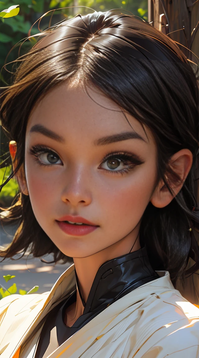 a beautiful young girl, extremely detailed facial features, beautiful eyes, long eyelashes, adorable nose, beautiful lips, delicate facial features, natural lighting, 8k, highly detailed, photorealistic, detailed skin texture, soft lighting, warm color tones, natural outdoor setting, gorgeous scenery, lush greenery, vibrant colors, pristine environment, magical atmosphere, intricate details, masterpiece, cinematic lighting, high quality