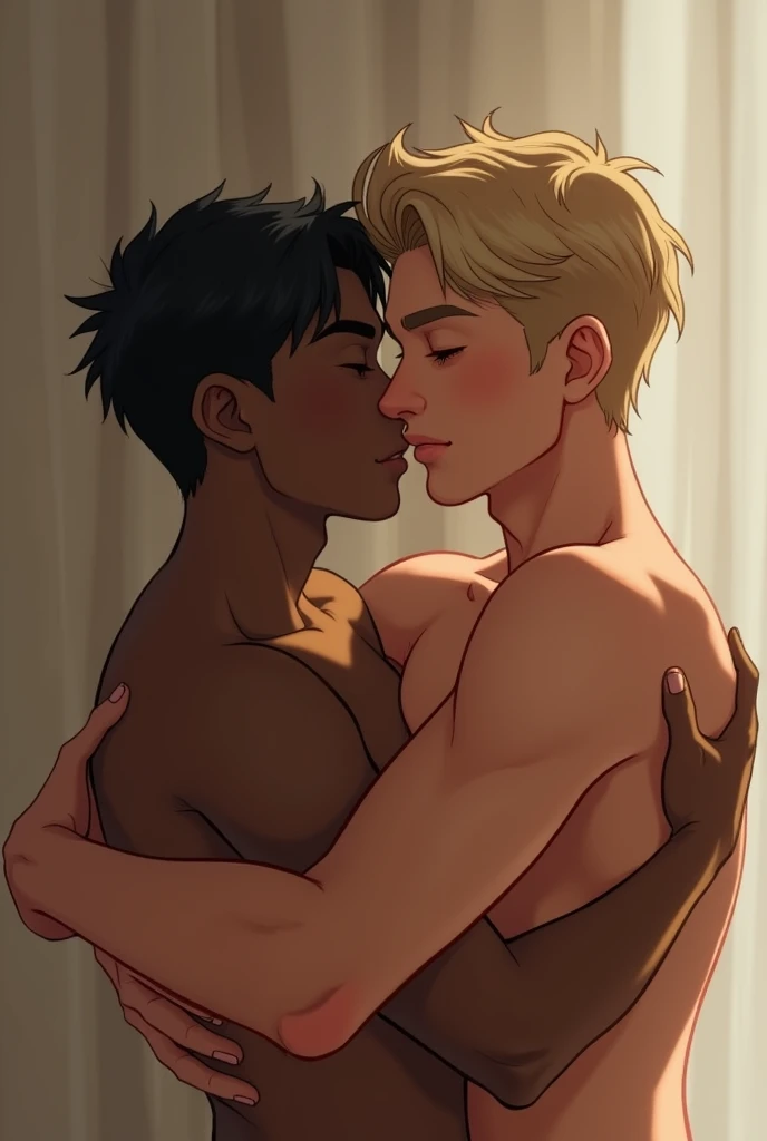 A white-skinned, blond adult boy hugging another black-haired adult boy