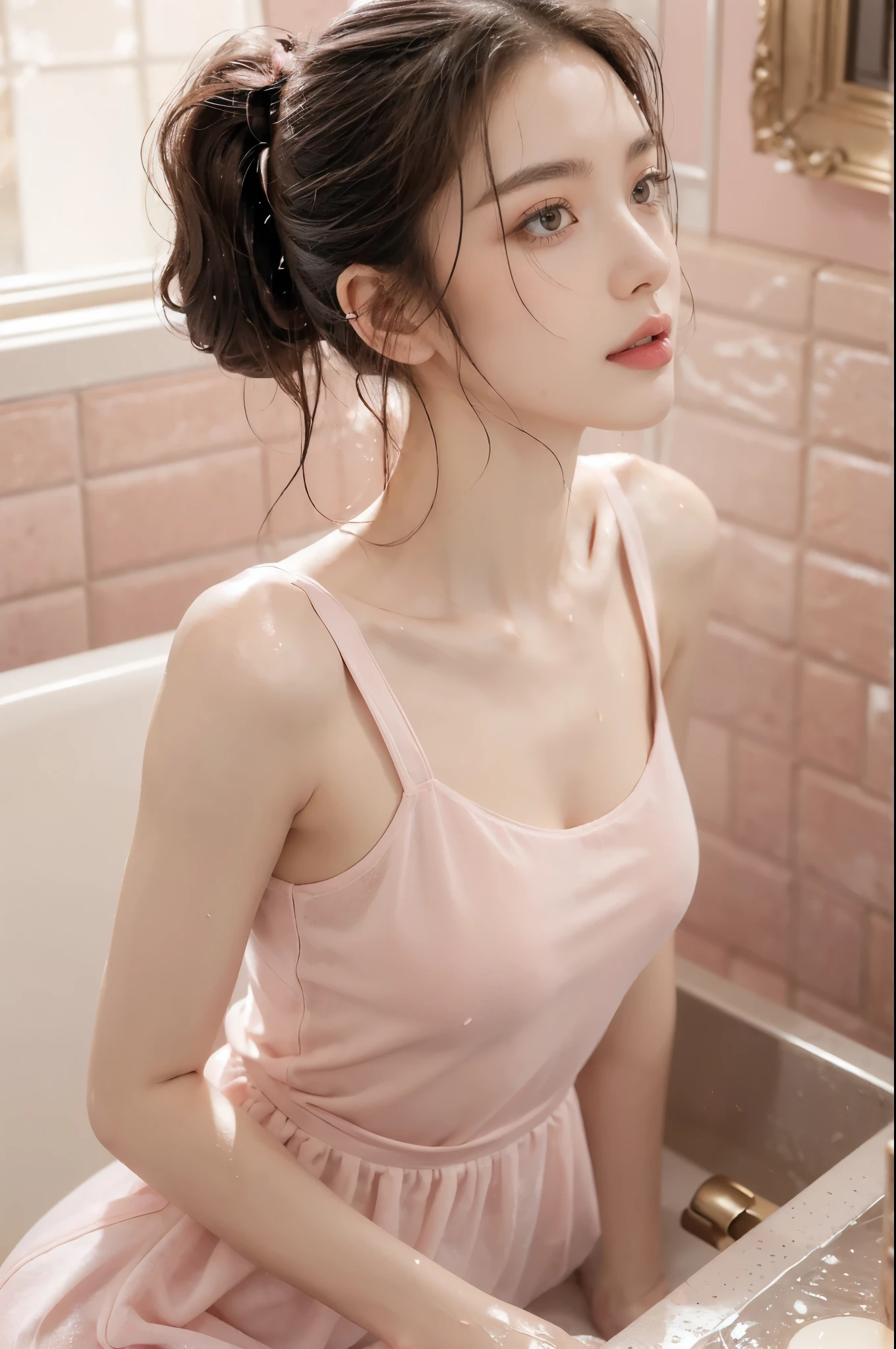 (((best quality))),(((ultra detailed))),(((masterpiece))),illustration,((1 beautiful girl,solo)),(short ponytail:1.2),((slim,thin)),((small breasts,flat chest)),(((sweat,wet))),delicate features,bright eyes,(sheer pink dress:1.3),(slender legs:1.2),(pink Ceramic tile walls and floors:1.2),(standing:1.3),(luxurious large bathtub:1.3),frothy bubbles,steam,warm glow,serenity,romance,plush fluffy rug,graceful pose,enchanting presence,sumptuous surroundings,keepsake,(indoor:1.3),(night scene:1.3),((from front,upper body))