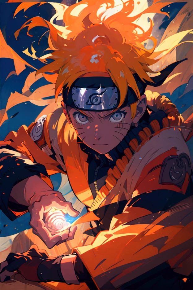 An incredibly detailed illustration of Naruto Uzumaki using his rasengan technique, Combat Position, corpo inteiro, incredible details, sombras perfeitas, Dynamic background, estilo de desenho hiper-realista.