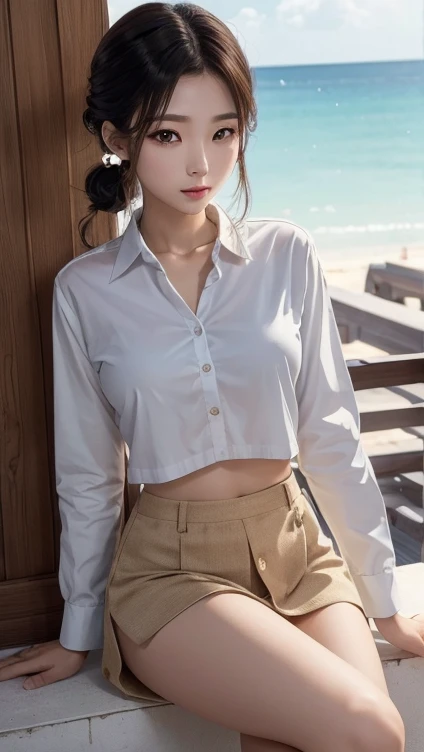 ((top quality, 8 K, masterpiece: 1.3)), 1 girl, Pretty japanese woman, which emphasizes slim abs: 1.3, (casual hairstyle, small breast: 1.2), uniform: 1.2, 1 boil, Pretty japanese woman, which emphasizes slim abs. No.: 1.4, (casual hairstyle, standard breast: 1.2), uniform: 1.2, beach, super detailed face, detailed eyes, double eyelid