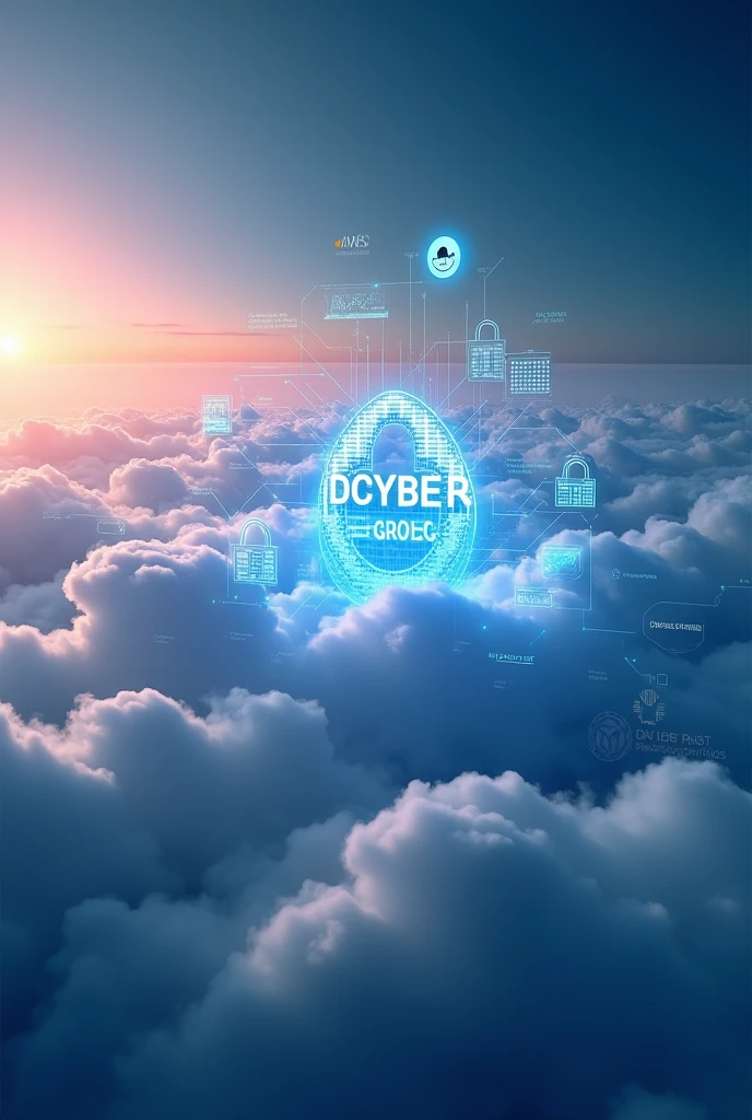 Generate a image which have cloud, AWS,cybersecurity, firewall in the background and image with title "DCYBER GROUP INDIA|CANADA|AFRICA"