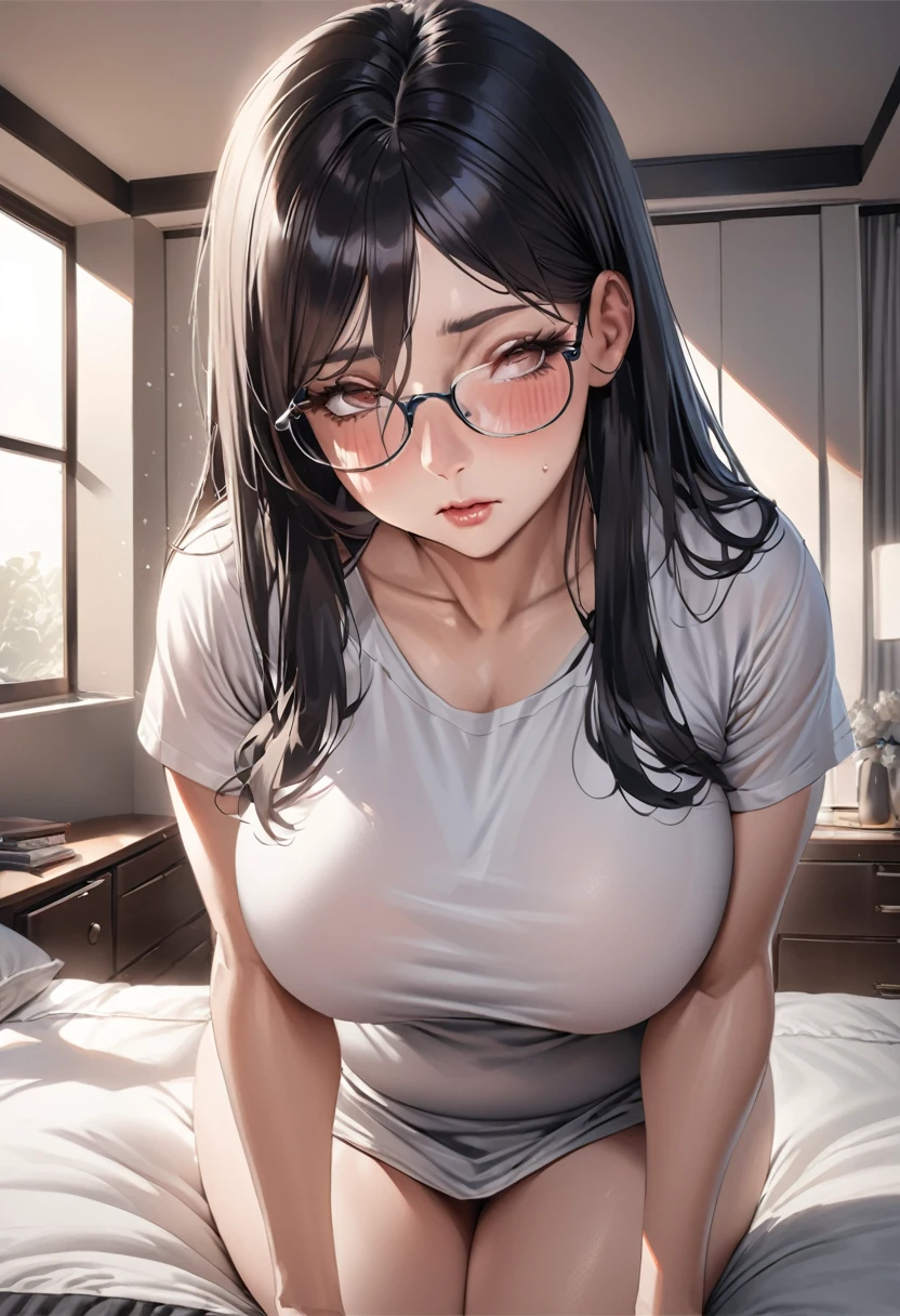 mature woman,tender face,thin drooping eyes,curvy,black hair,plain t-shirt,at morning,at rich bedroom,hyperrealistic,large breasts,mole on cheak,tareme,straight hair,glasses,blushed,