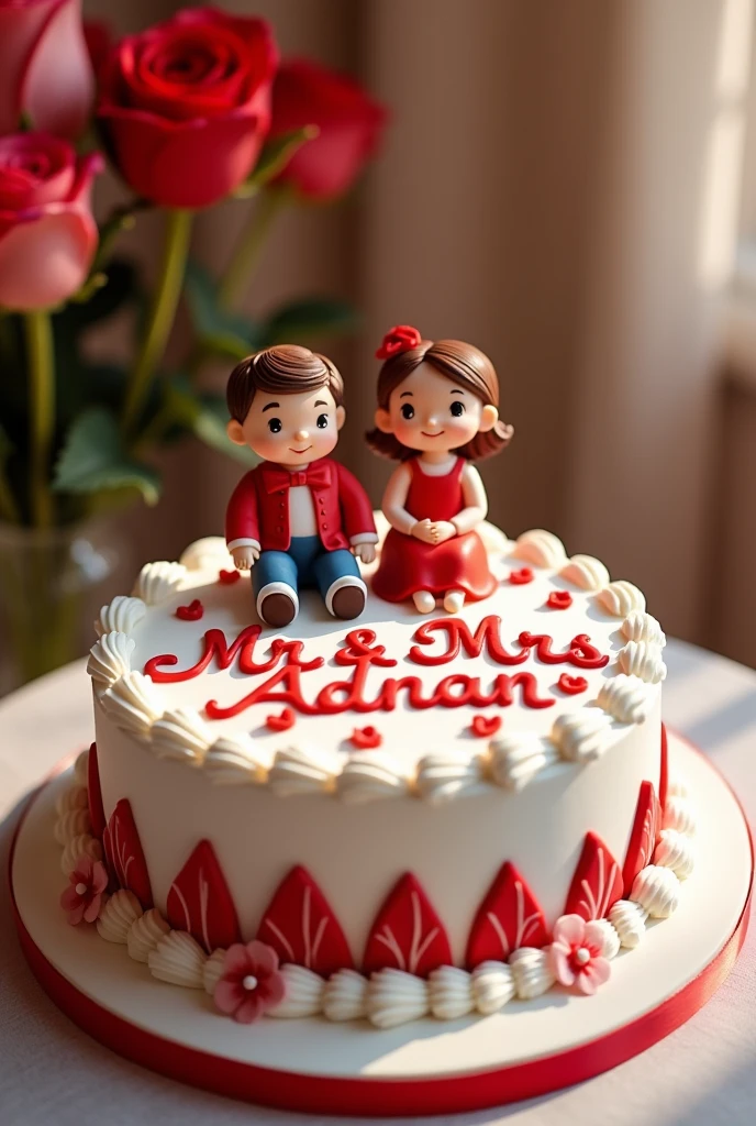 Anniversary cake for Mr& Mrs adnan name write on it and boy and girl sticks on the top
Spelling correction of Adnan in red and white color