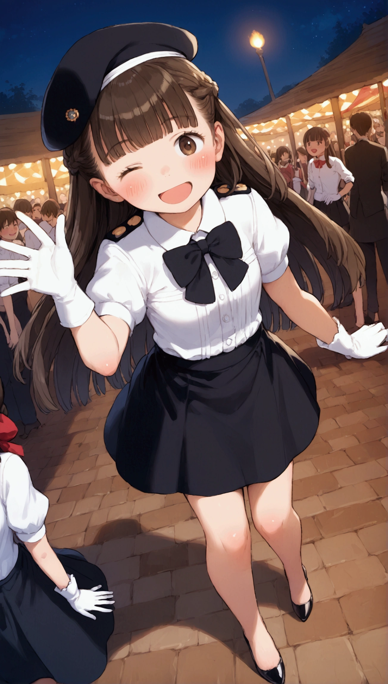 {Highest quality}, {Super beautiful},{Ultra fine},{Best illustration},Brown Hair,Hime cut,long hair,Braid,One woman,Standing Woman,Strike a pose,Adult women,smile,Excited face,Wink,Uniform cap,White Shirt,Short sleeve,long black skirt,White gloves,Night Festival,Blushing,Slender,Black high heels,barefoot,From an angle,From below,Woman with closed legs,Waving with both hands