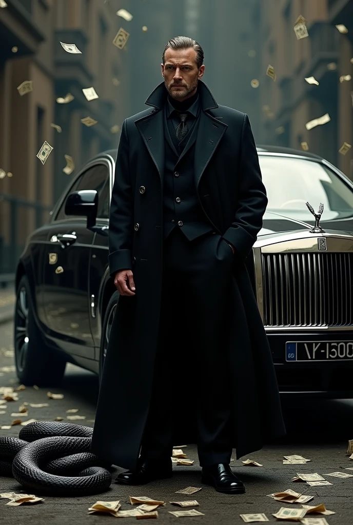 Real one men with black coat ,rolles roys black car on background, black cobra snake , falling more money 