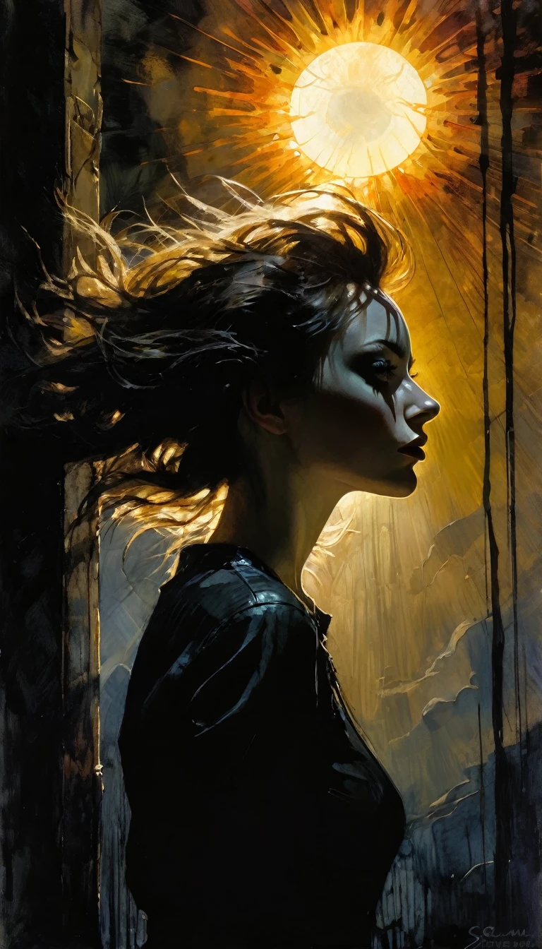 sun, between shadows, oil painting, chiaroscuro, dramatic lighting, moody atmosphere, photorealistic, intricate details, masterpiece, ultra-detailed, high quality, 8k, best quality, realistic, cinematic, dark and brooding, expressionistic, powerful composition, emotional impact, Bill Sienkiewicz  inspired art
