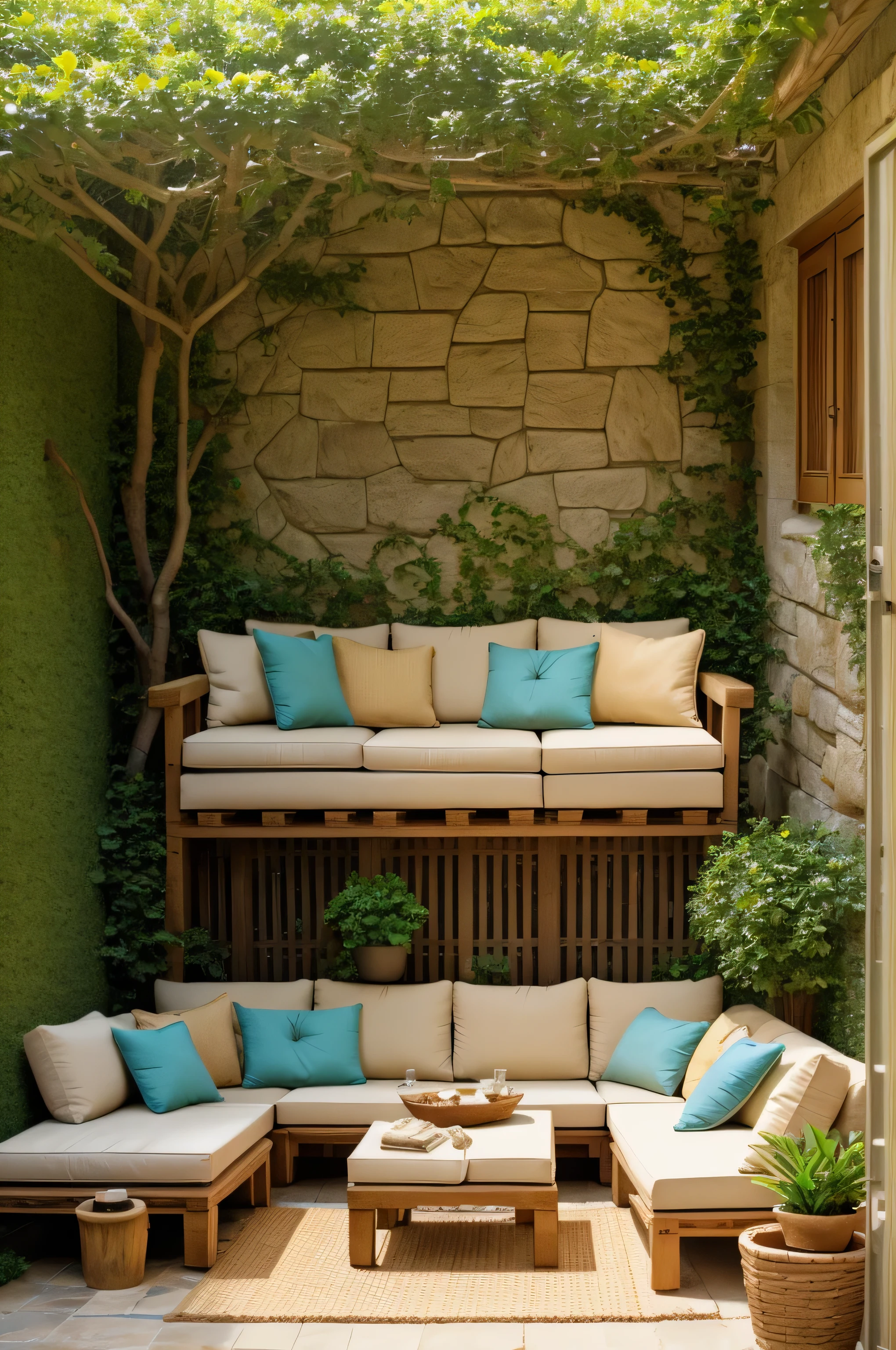 

"An inviting outdoor living space with a rustic, Mediterranean-inspired design. The setting features a cozy seating area with a wooden pallet sofa topped with beige cushions, surrounded by lush green plants in terracotta pots. The wall behind the seating area is made of textured stone, giving a warm, earthy feel, with climbing vines and greenery adding a touch of nature. Lantern-style wall sconces emit a soft, golden glow, enhancing the warm and welcoming ambiance. A woven rug covers the stone-tiled floor, with low wooden coffee tables arranged in front of the sofa. The space is shaded by large, overhanging tree branches, allowing dappled sunlight to filter through the leaves, creating a serene and relaxing atmosphere perfect for enjoying nature and outdoor living." 

