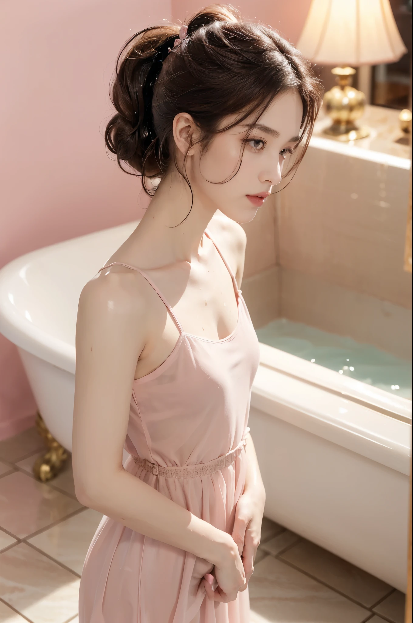 (((best quality))),(((ultra detailed))),(((masterpiece))),illustration,((1 beautiful girl,solo)),(short ponytail:1.2),((slim,thin)),((small breasts,flat chest)),(((sweat,wet))),delicate features,bright eyes,(sheer pink dress:1.3),(slender legs:1.2),(pink Ceramic tile walls and floors:1.2),(standing:1.3),(luxurious large bathtub:1.3),frothy bubbles,steam,warm glow,serenity,romance,plush fluffy rug,graceful pose,enchanting presence,sumptuous surroundings,keepsake,(indoor:1.3),(night scene:1.3),((from front,upper body))