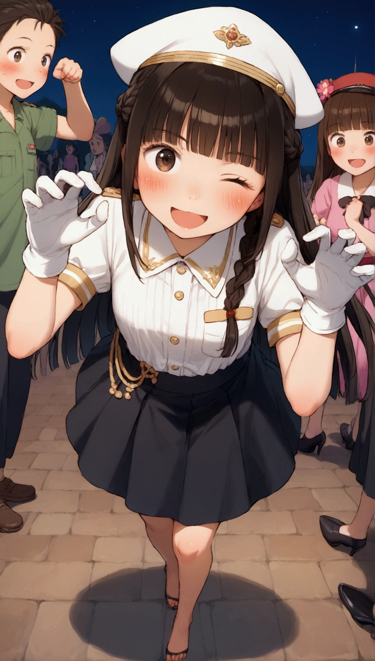 {Highest quality}, {Super beautiful},{Ultra fine},{Best illustration},Brown Hair,Hime cut,long hair,Braid,One woman,Standing Woman,Strike a pose,Adult women,smile,Excited face,Wink,Uniform cap,White Shirt,Short sleeve,long black skirt,White gloves,Night Festival,Blushing,Slender,Black high heels,barefoot,From an angle,From below,Woman with closed legs,Guts pose