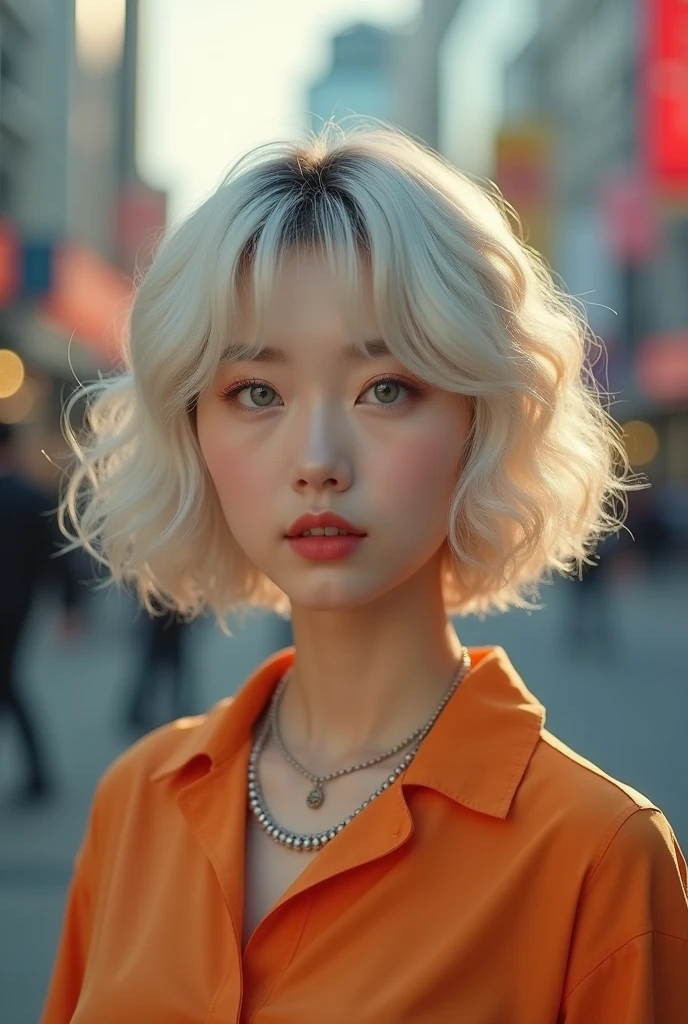 curly bob cut, Platinum-haired woman in orange collared shirt posing to take a photo in the city, german art bokeh 8k, well proportioned body, Hermosa korean woman, lovely necklace, Beautiful young Korean woman, soft portrait 8k, korean girl, double and narrow eyes, beautiful gray eyes, The Tran 8K, cute young woman, korean woman, beautiful blonde girl