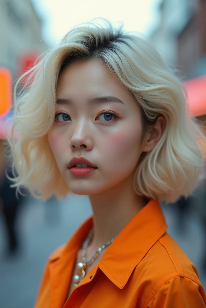 curly bob cut, Platinum-haired woman in orange collared shirt posing to take a photo in the city, german art bokeh 8k, well proportioned body, Hermosa korean woman, lovely necklace, Beautiful young Korean woman, soft portrait 8k, korean girl, double and narrow eyes, beautiful gray eyes, The Tran 8K, cute young woman, korean woman, beautiful blonde girl