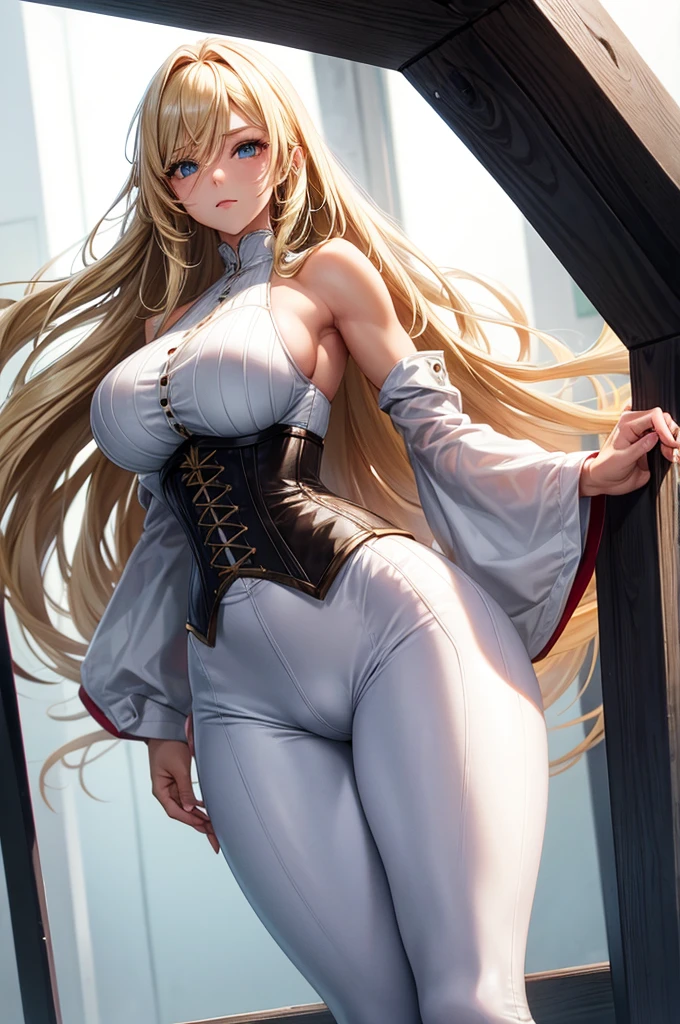 Solo, 1girl, Early 30's, long blonde hair, large heavy breasts, slender toned build, corset, white leggings, bending over