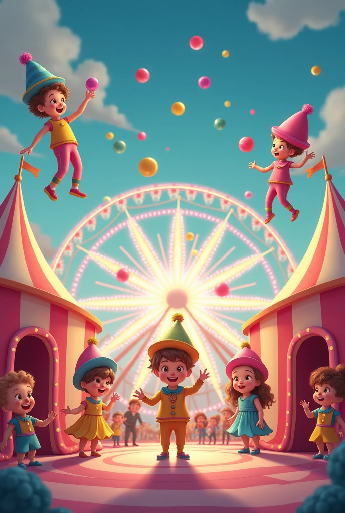 Circus scenes in candy colors, with dolls of girls and boys and colorful tents all in baby pink, baby yellow, baby green, baby blue, illuminated by bright and happy lights. Clowns wearing striped clothes in the same colors mentioned above and exaggerated hats, jugglers launching balls and rings into the air, and acrobats performing impressive jumps. In the background, a Ferris wheel illuminated with colorful neon lights. The predominant colors are baby pink, baby yellow, baby green and baby blue, all in radiant candle tones, creating a festive and enchanting atmosphere. Disney style, with images contained in several variations of images"