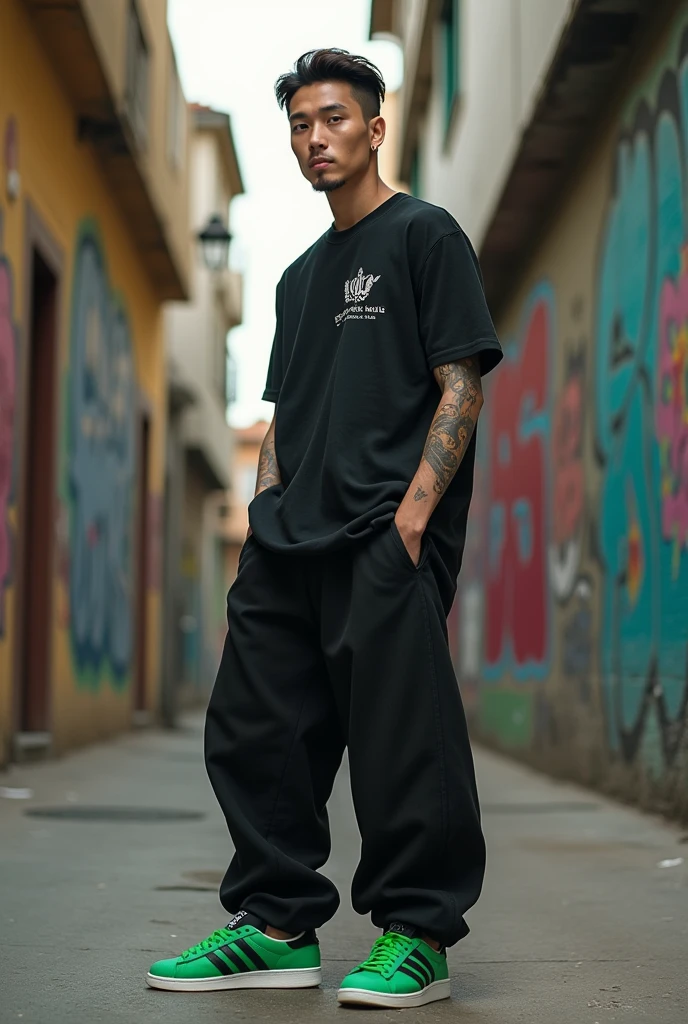 A 25 year old white male, gay, with slight Asian descent, Short Dark Brown Hair with Undercut, a small hoop earring in the ear, eyes browns, sem beard, Very beauthful, Scrawny, with small tattoos spread across his arms, wearing a very large nine inch nails t-shirt, with wide black pants, on foot wearing a green adidas samba, stylish, posing for a spontaneous photo, in Batman&#39;s alley in Sao Paulo