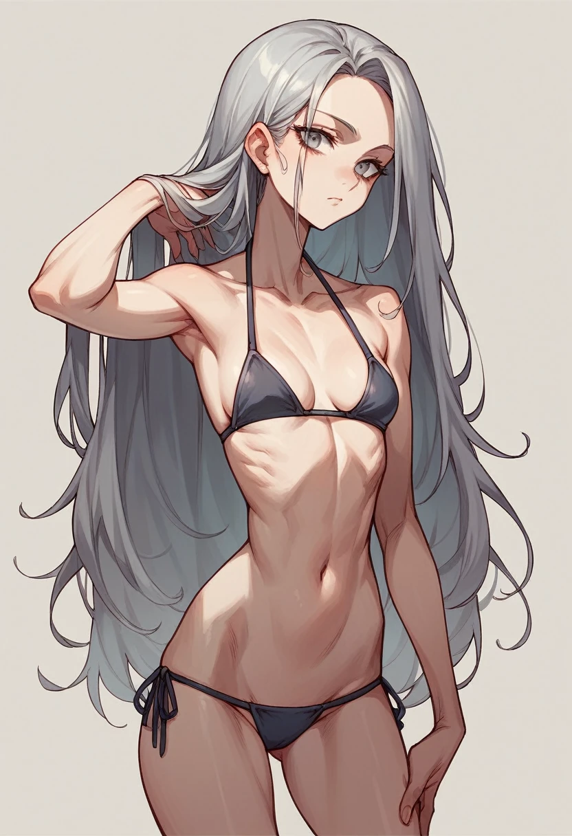 skinny,long hair,silver gray hair, bikini, Narrow waist,sidelocks