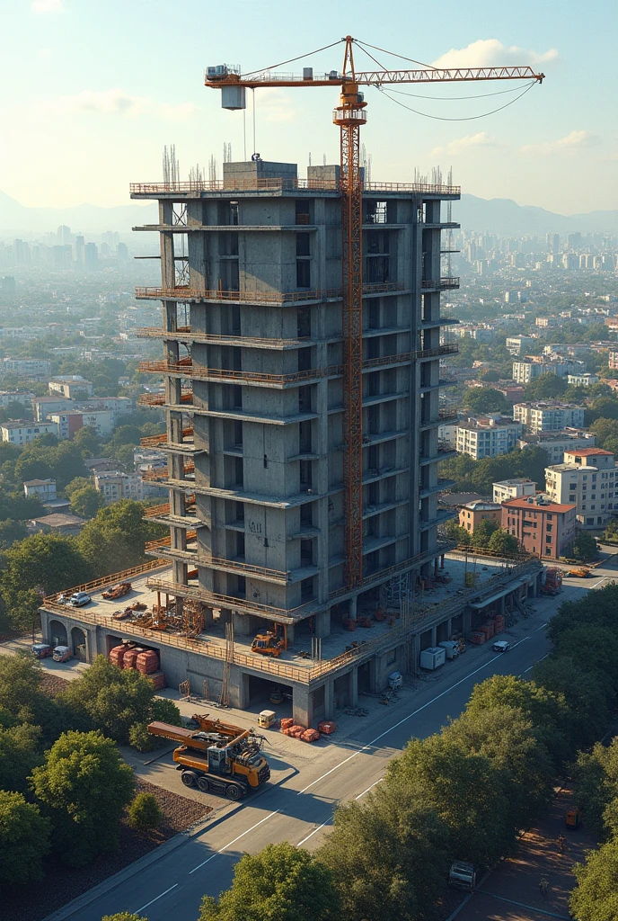 (photorealism:1.2), 3-storey building under construction, machines working, beautiful photography, In the background a city of single-storey houses, rotate the image 90 degrees