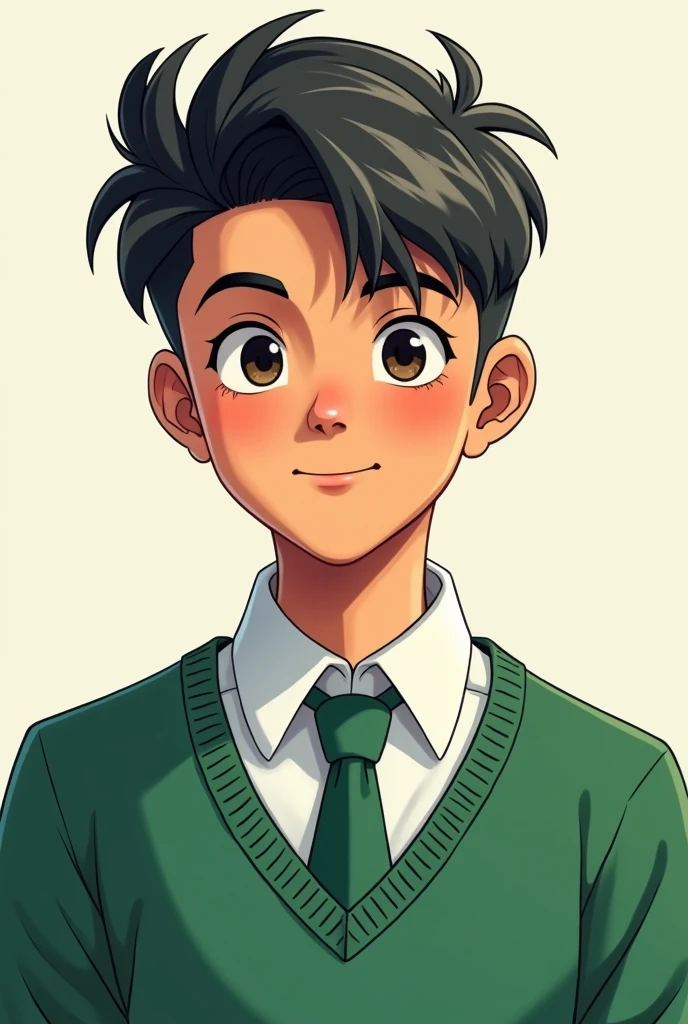 an indian boy about 18 years old, smart hairstyle, white school shirt, green tie, green school shirt in anime style