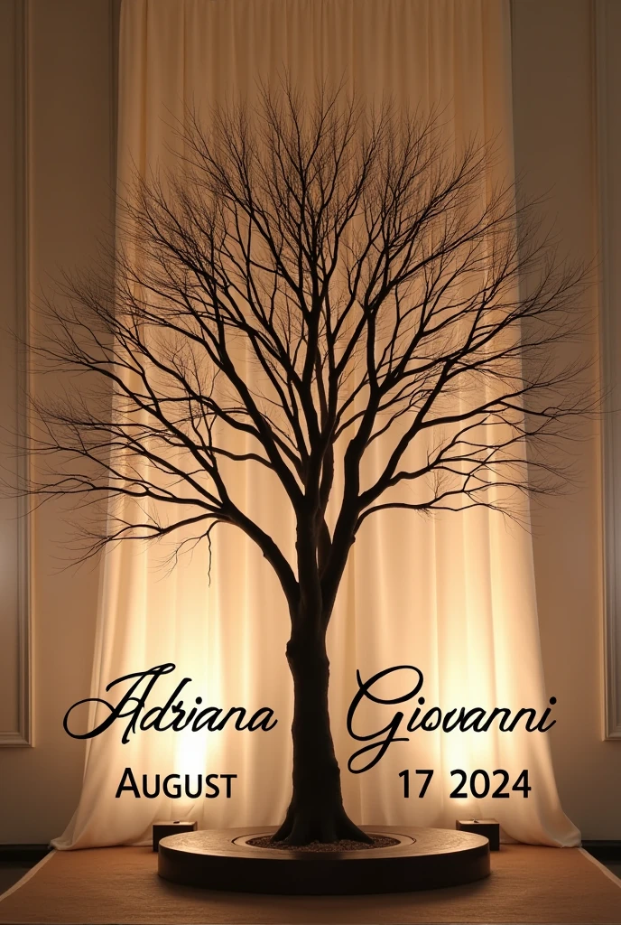 "Please, create an image of an elegant tree without leaves or flowers for a wedding with a sober background. The tree should include the names &#39;Adriana&#39; and &#39;Giovanni&#39; prominently displayed at the base of the tree. On the bottom, Add the date &#39;August 17, 2024&#39;. Decorate the image with a festive and romantic look."