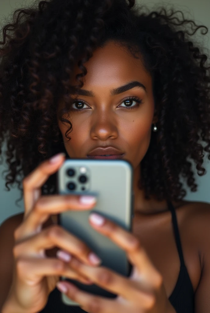 curly dark hair woman with mirror photo samsung cell phone