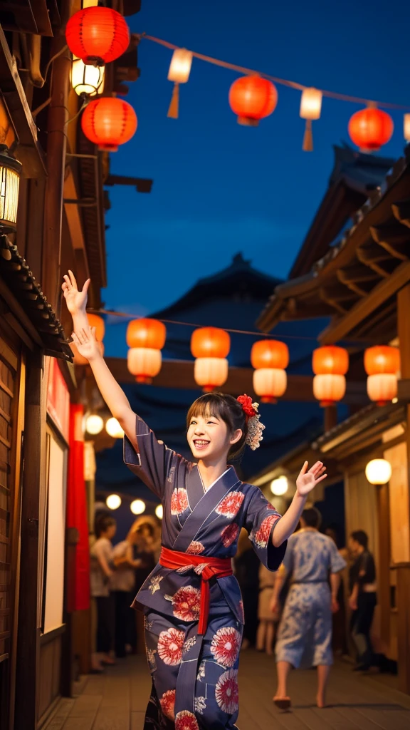Night festival, drumming in the turret, Many red lanterns line up from the turret and shine red, a group of people wearing yukata singing Bon Odori songs, wearing a blue yukata, quiet dancing Japanese dance with their hands raised diagonally upwards, child 20 years old, one beautiful girl, very cute, long legs and slender , rich body
