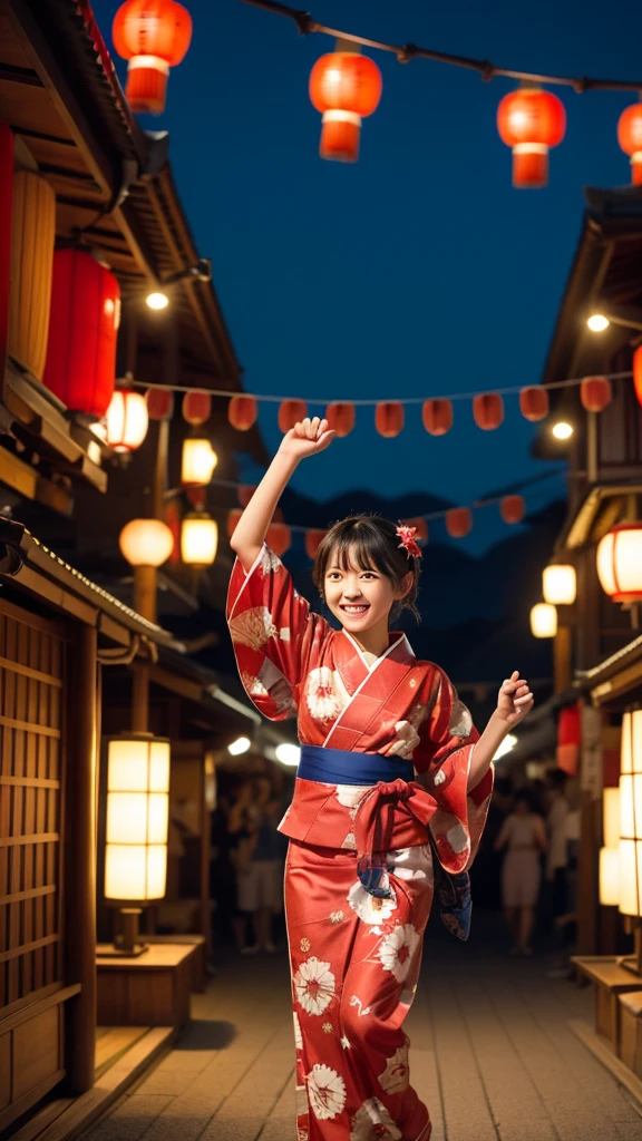 Night festival, drumming in the turret, Many red lanterns line up from the turret and shine red, a group of people wearing yukata singing Bon Odori songs, wearing a blue yukata, quiet dancing Japanese dance with their hands raised diagonally upwards, child 20 years old, one beautiful girl, very cute, long legs and slender , rich body