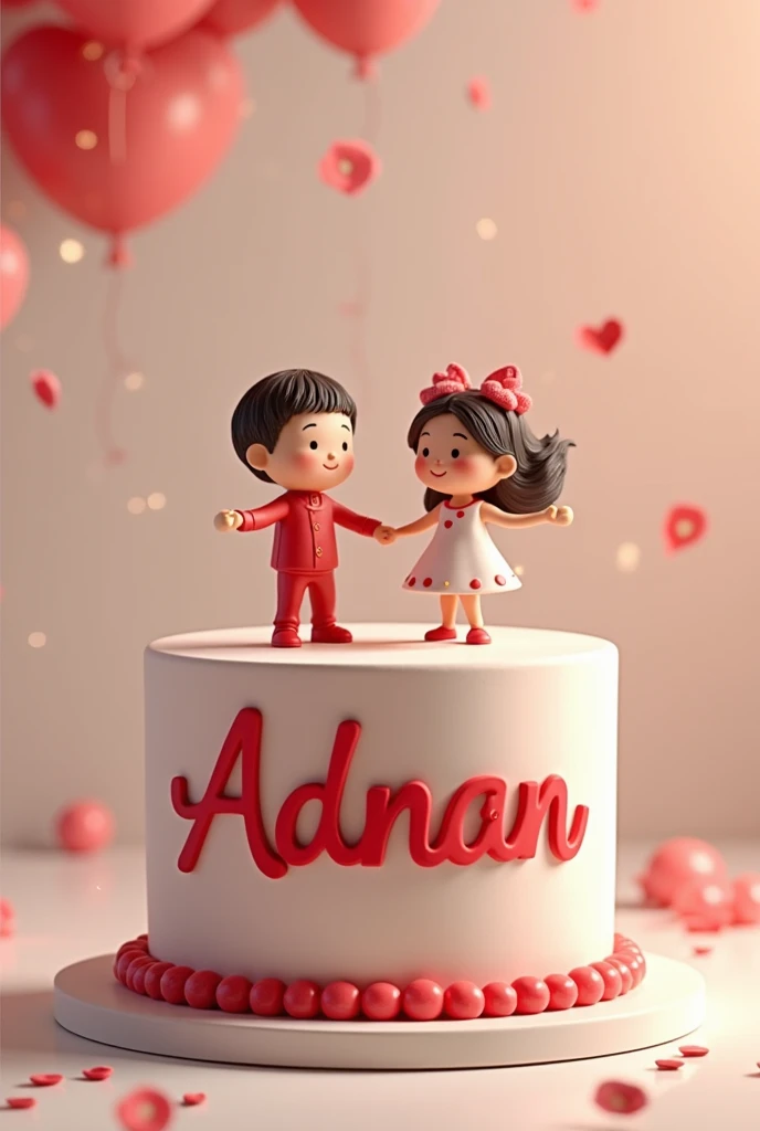 Anniversary cake for Mr& Mrs adnan name write on it  and boy and girl sticks dancing  on the top
Spelling correction of Adnan in red and white color