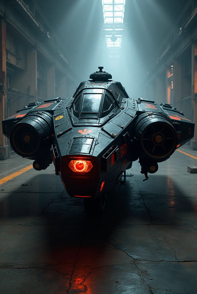 spaceship, 90s, anime, punk style, in the style of Jamie Hewlett, front view, space hangar background, black, cyberpunk, total black ship, punk stickers, crew size ship, guardians of the galaxy, milano starship, big thrusters on the side, kinda bulky
--ar 4:7