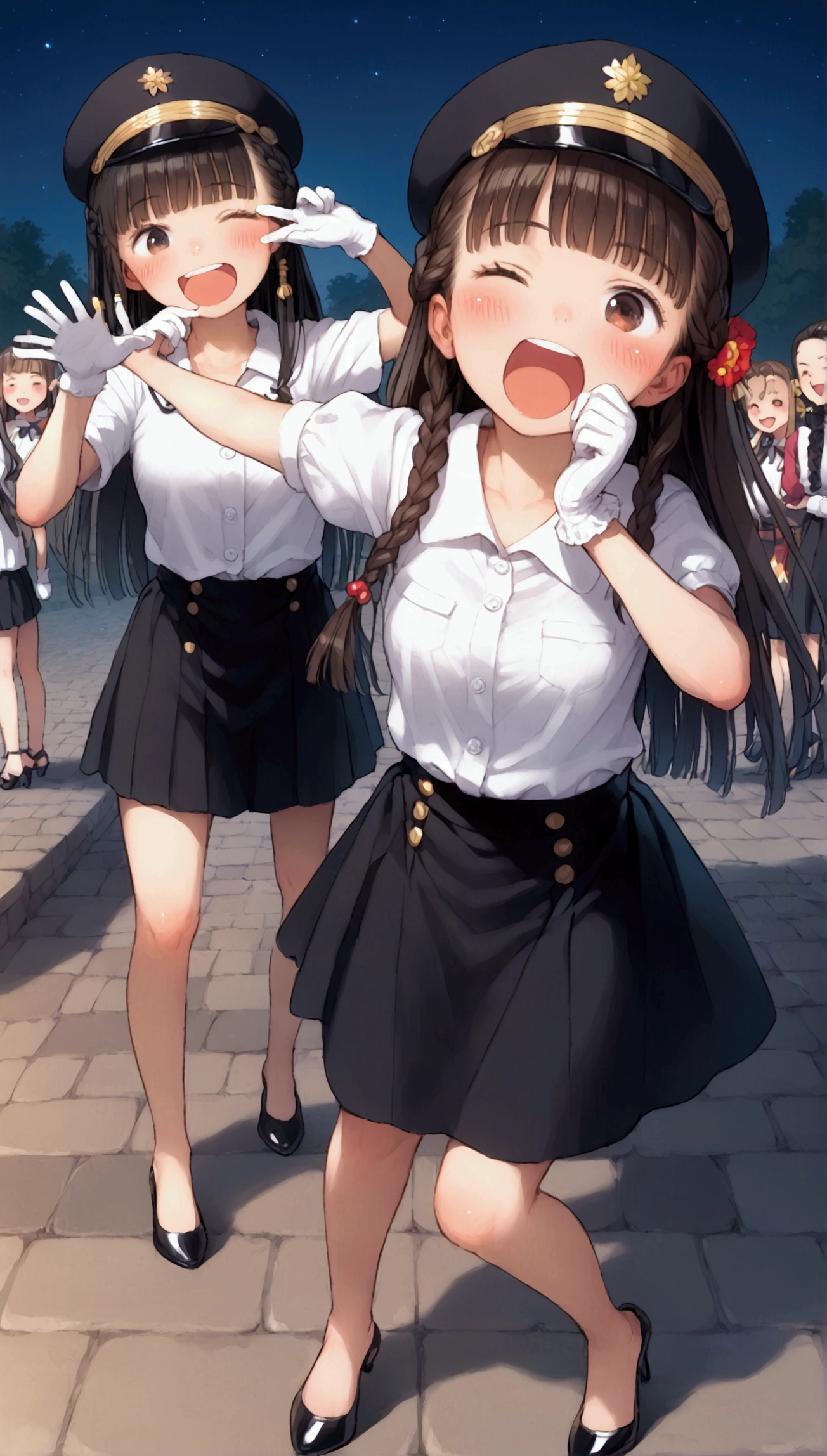 {Highest quality}, {Super beautiful},{Ultra fine},{Best illustration},Brown Hair,Hime cut,long hair,Braid,One woman,Standing Woman,Strike a pose,Adult women,smile,Excited face,Wink,Uniform cap,White Shirt,Short sleeve,long black skirt,White gloves,Night Festival,Blushing,Slender,Black high heels,barefoot,From an angle,From below,Woman with closed legs,Put one hand over your mouth,Yawn