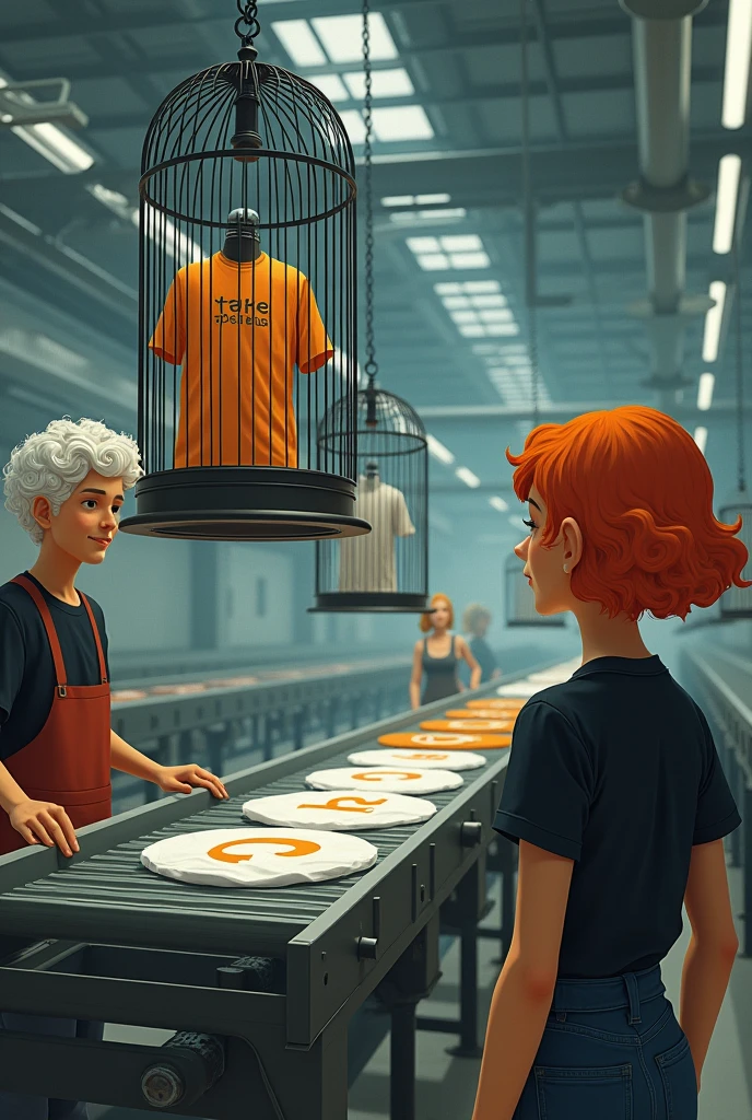 factory conveyor belt with several t-shirts inside bird cages and white curly haired worker and orange haired female worker in black t-shirt next to this conveyor belt