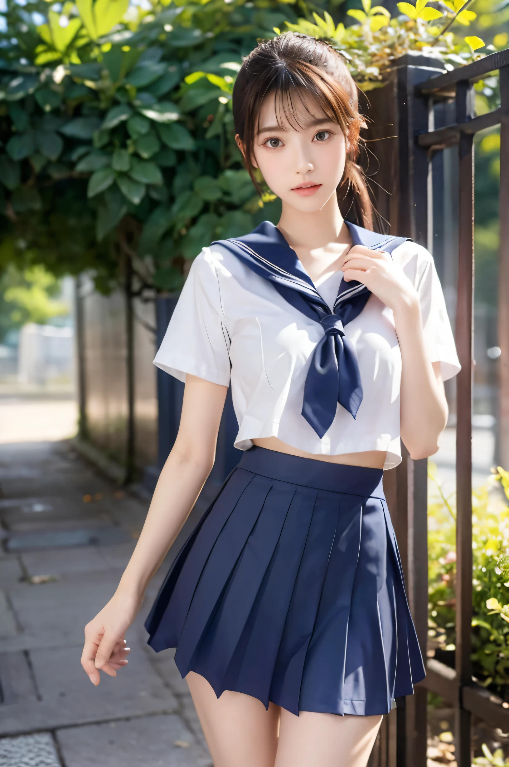 (Ultra HD), (Short-sleeved sailor uniform, Navy blue mini skirt), Big Breasts, slender, Narrow waist, (I can see my belly button:0.6), whole body, Standing posture, (Beautiful Skin, Shiny skin, White skin), (Super slim face, Super beautiful face), (ponytail, Layered Cut, Fluffy hair), (double eyelid, Slanted Eyes), Small Nose, Thin lips, Thin legs, In front of the school gate, evening