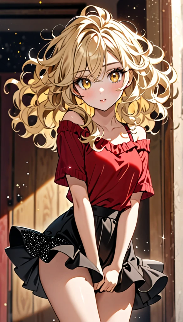 Beautiful and blond messy styled hair, best quality, beautiful woman, amorous expression, blonde messy wavy hair, light blonde hair, yellow eyes, make-up, red stylish top, black skirts, sparkly fluffy, flaunting her hair