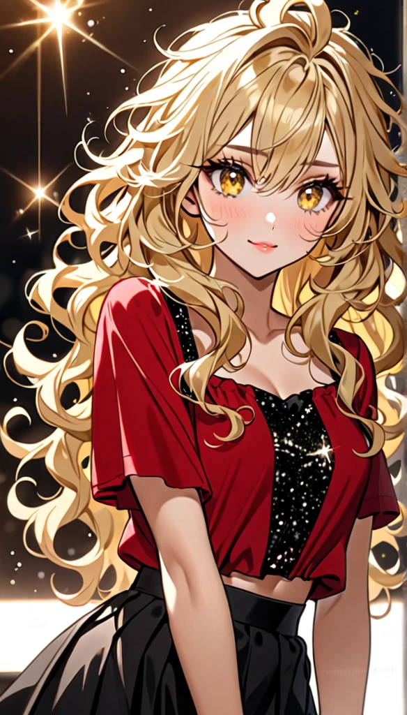 Beautiful and blond messy styled hair, best quality, beautiful woman, amorous expression, blonde messy wavy hair, light blonde hair, yellow eyes, make-up, red stylish top, black skirts, sparkly fluffy, flaunting her hair