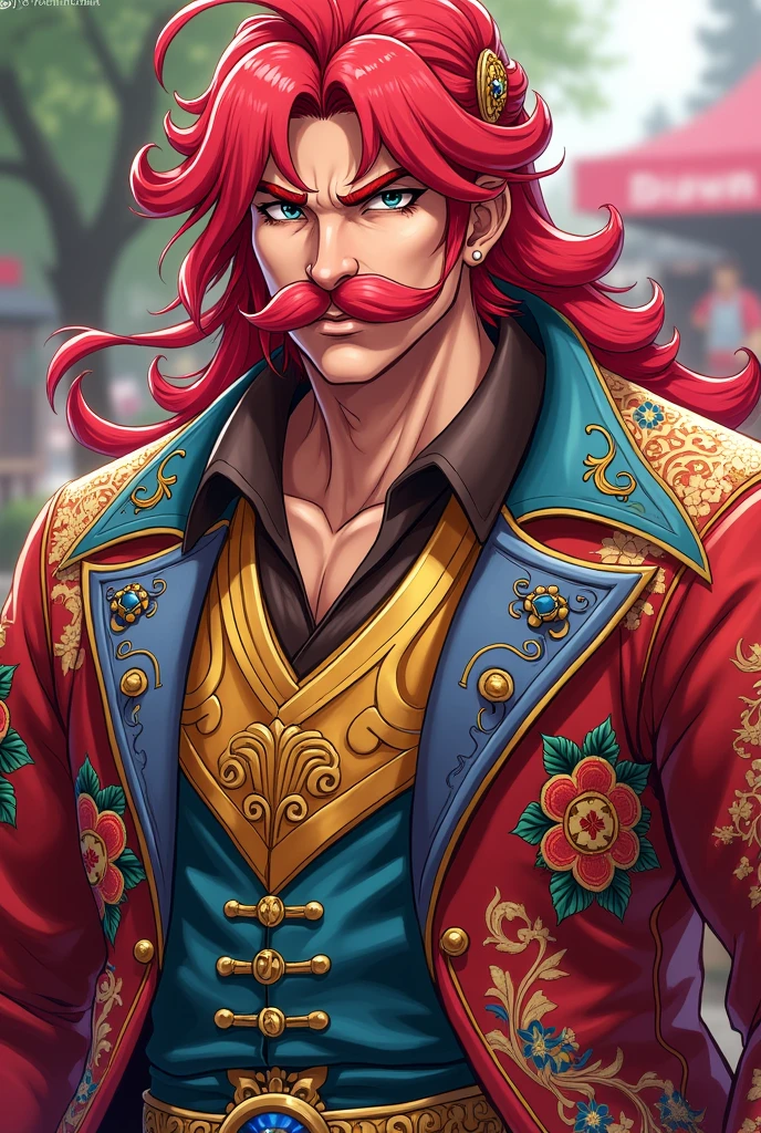 tao, Kaufmann, extremely thick, root mustache, Red hair, Richly dressed, colorfully dressed, Anime Style