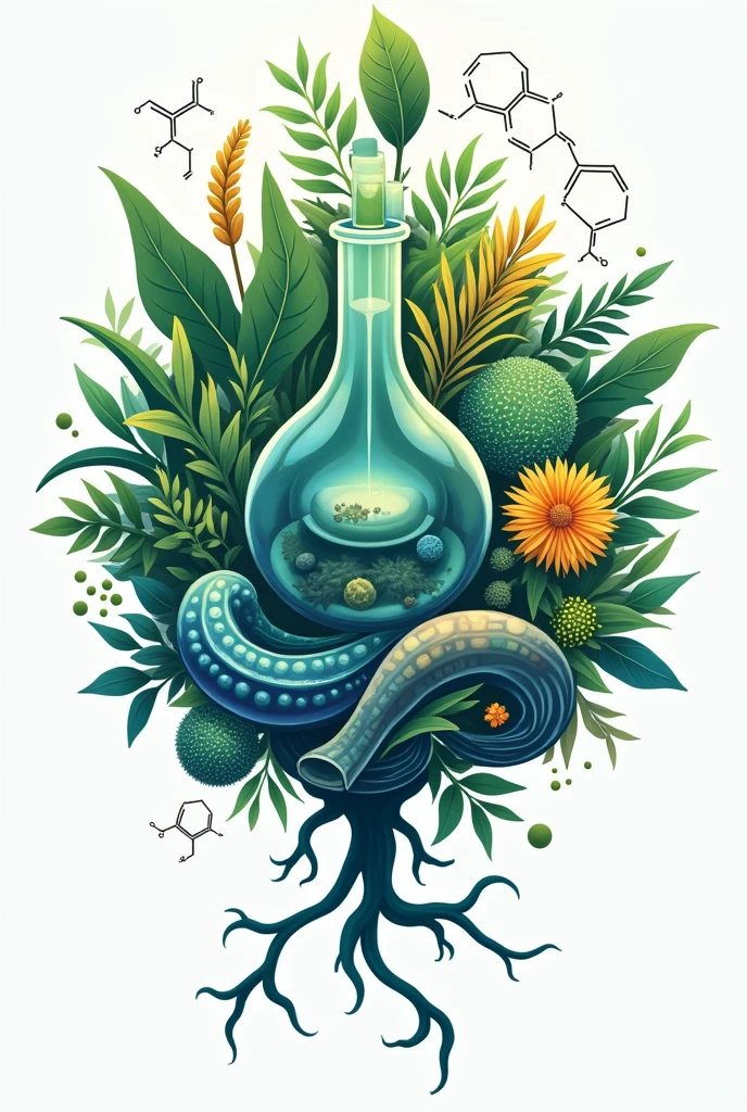 Logo of the Natural Products and Organic Synthesis Laboratory, that has plants, Marine organisms, microorganisms, organic molecules, that the word natural products laboratory comes out in Spanish.