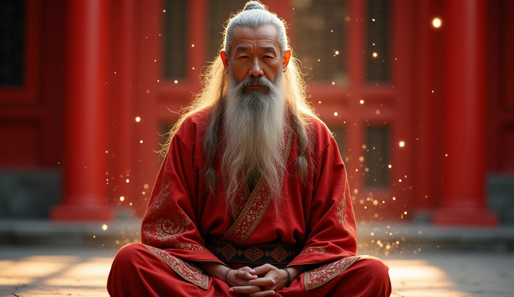 赤い寺を背景に30歳の中年アジア人Taoismの長老のクローズアップ,length, Grey hair,barba lengtha,Meditating in a cross-legged position,Taoism, Vestind um mant sinza,Magical Aura,Taoism master,Taoism,Very bright color, Particles of light, In bright light, Musibu, Wallpaper Art, UHD wallpaper