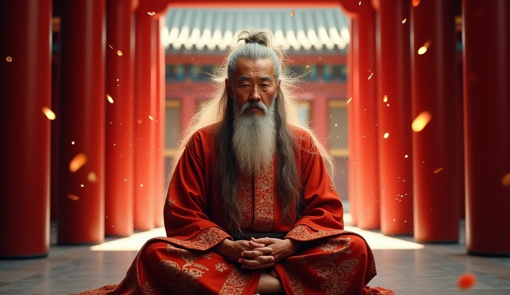 赤い寺を背景に30歳の中年アジア人Taoismの長老のクローズアップ,length, Grey hair,barba lengtha,Meditating in a cross-legged position,Taoism, Vestind um mant sinza,Magical Aura,Taoism master,Taoism,Very bright color, Particles of light, In bright light, Musibu, Wallpaper Art, UHD wallpaper