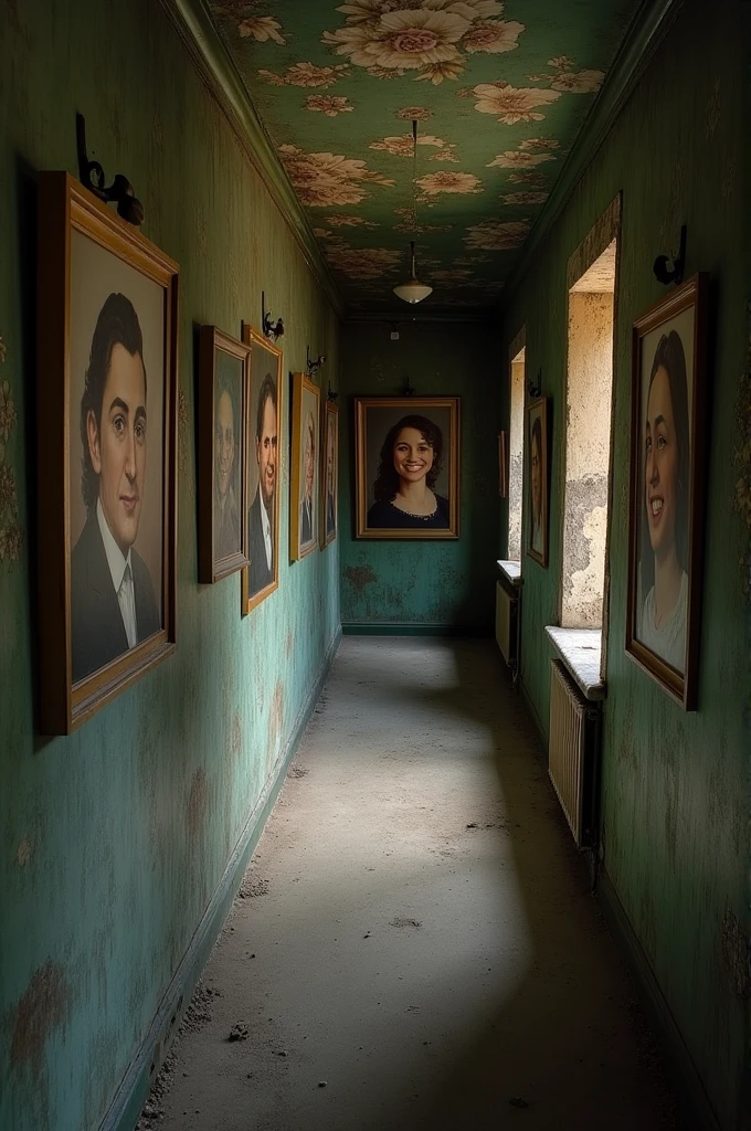 The Hallway of the House:
	• Description: An old, dusty hallway with walls covered in old paintings. The paintings show portraits of people who appear to be smiling in a peculiar way.. The hallway has a slightly creepy air, but intriguing.